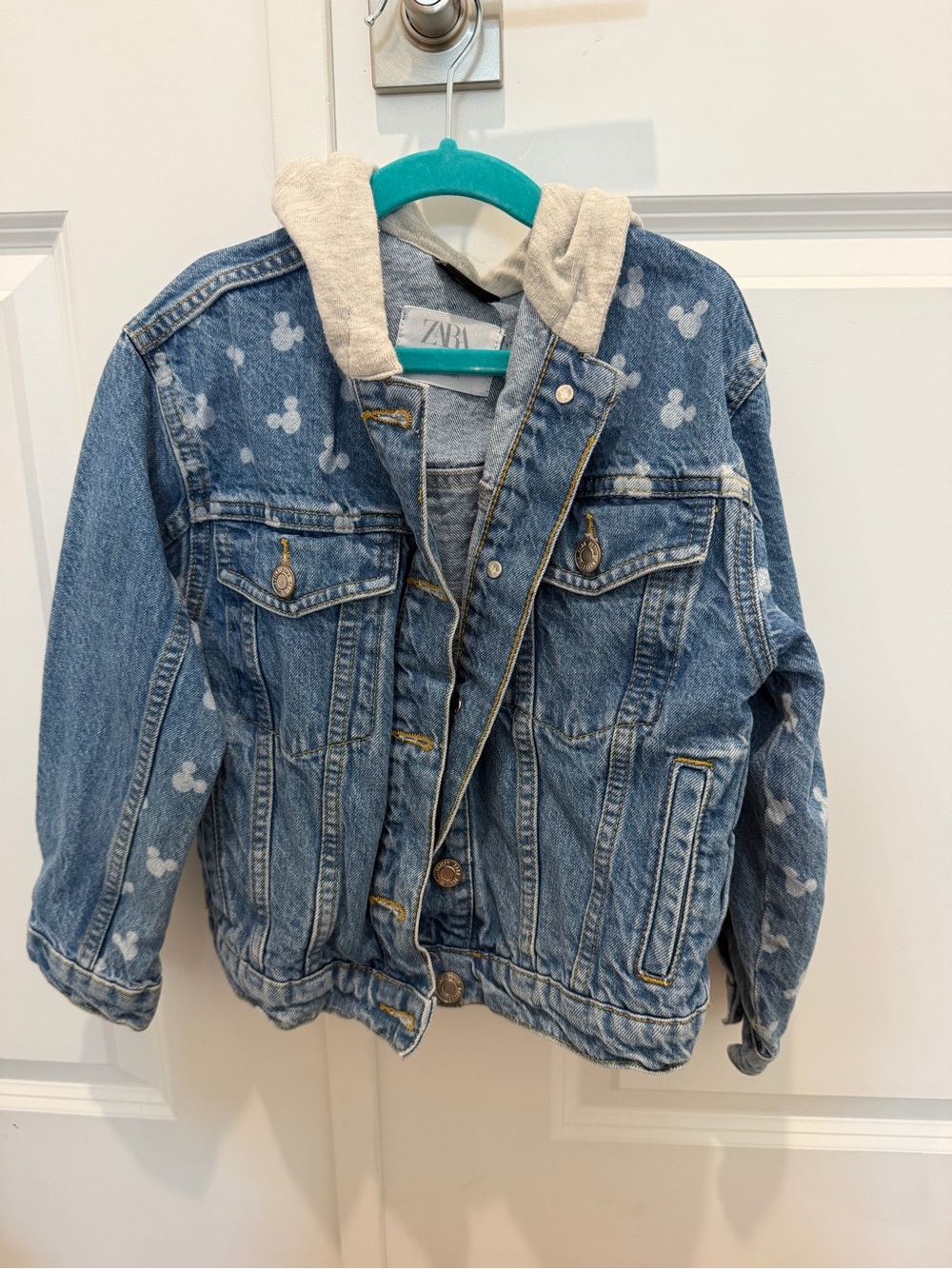 Zara Kids Blue Denim Hooded Jacket with Cream Hood and Mickey Print